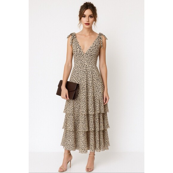 WAYF M Leopard Print Tiered Maxi Dress Tie Straps Glam Formal Party dress  Dresses
